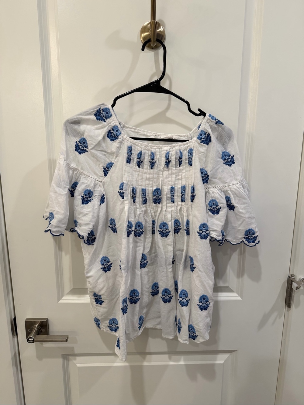 White Tunic Top with Blue Floral Embroidery - Women